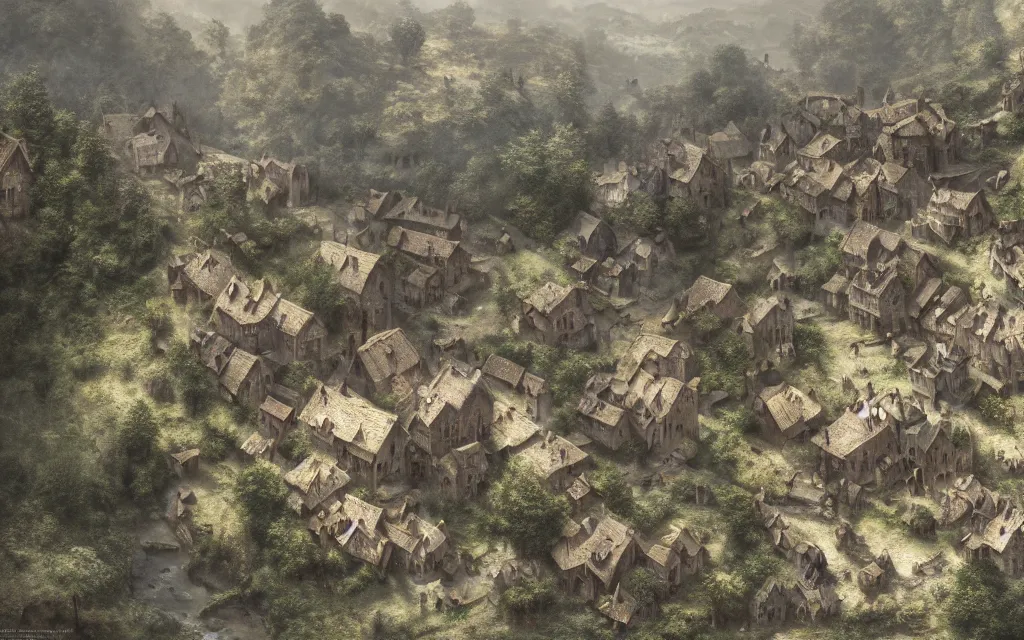 Prompt: view from above of a medieval village crossed by a stream and located in the mountains, highly detailed, cinematic lighting, perfect composition, 4 k, dark fantasy, intricate, elegant, digital painting, artstation, concept art, smooth, sharp focus, illustration gustave dore, derek zabrocki, greg rutkowski, belsinski, octane render