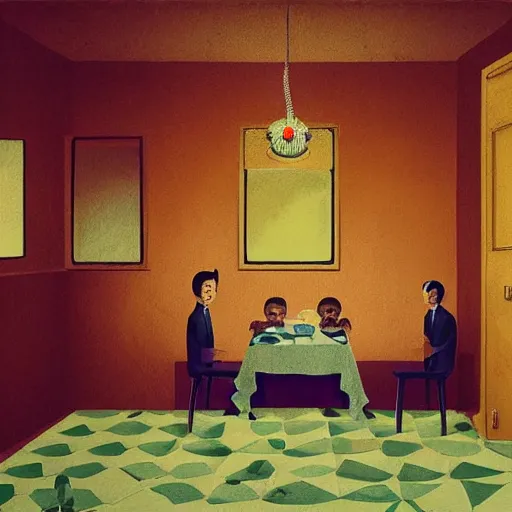 Image similar to A family lunch in the style of David Lynch, by Wes Anderson, surreal, concept art, wide angle, arstation