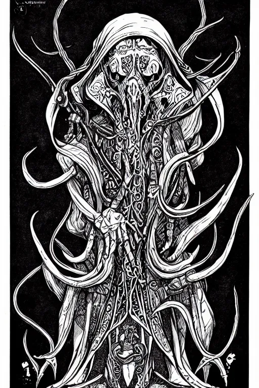 Image similar to illithid warlock, black ink on paper, trending on artstation, beautiful, intricate, detailed