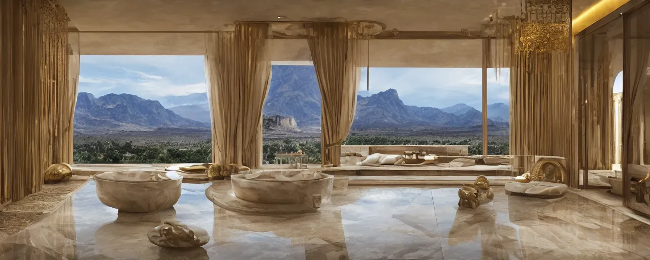 Image similar to photo of a cinematic interior of a double height hyper luxury spa with everything made of gold, candles, silk wavy curtains, ( ( ( windows with view to desert mountains and river ) ) ), beige stone marble floor with reflection, small wellness relaxation pool, intricate hieroglyph detailed roof, contemporary design, sacred geometry, 8 k, hyperrealistic, photorealism,