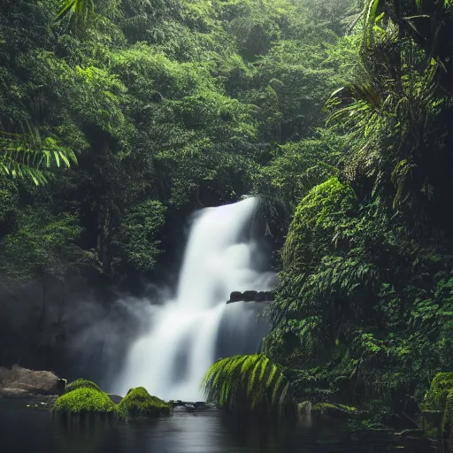 Prompt: A waterfall in the jungle, 8k, professional photography, cinematic shot, dark, smoke