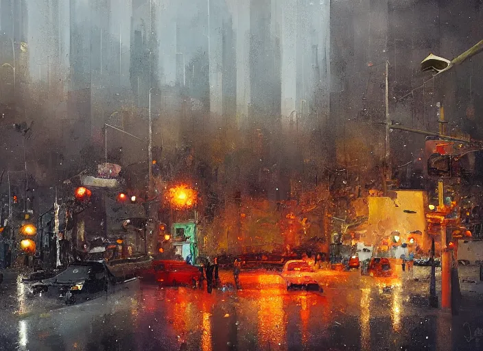 Prompt: 🌆 🚔 🌨 😲, in the style of antoine blanchard, scott listfield, digital art