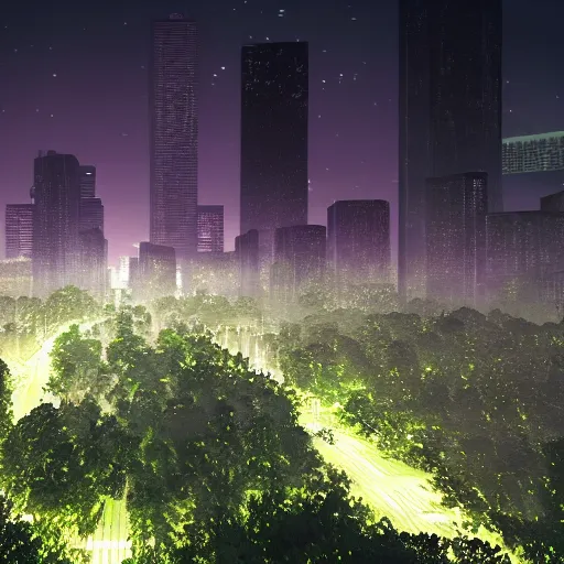 Image similar to city overgrown, night time, photo realistic, glow