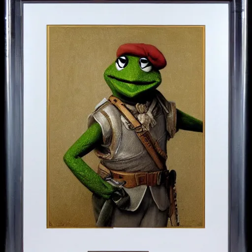 Prompt: kermit the frog : : framed : : fancy portrait : : decorated military uniform : : 8 k, highly detailed, clean lines, line work, intricate : : painting by john william godward