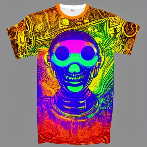 Image similar to mockup of a black tshirt with a hyperdetailed portrait of a trippy steam punk robot, 8 k, symetrical, flourescent colors, happy mood, multicolored,