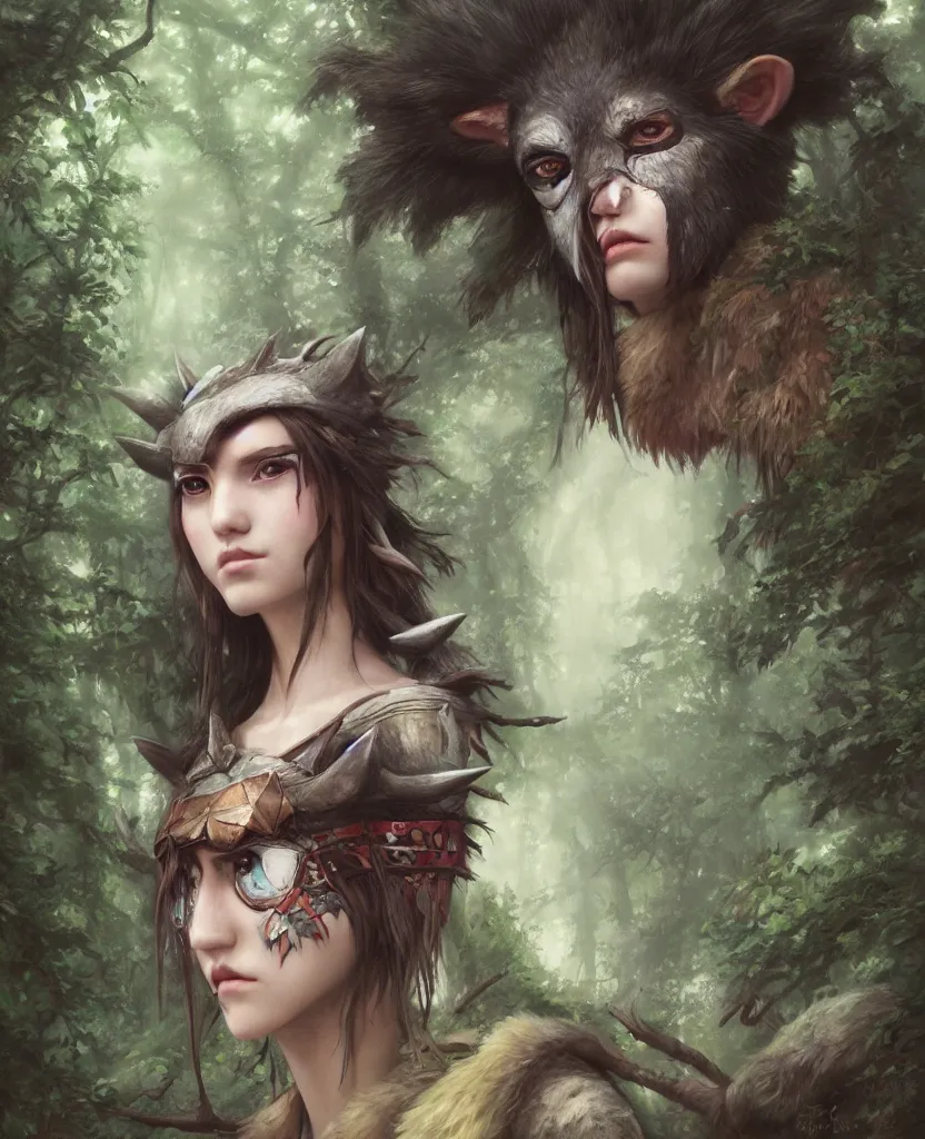 Image similar to portrait of Princess Mononoke wearing mask, lush forest landscape, painted by tom bagshaw, proko, artgerm, norman rockwel, james gurney, denoised, sharp,