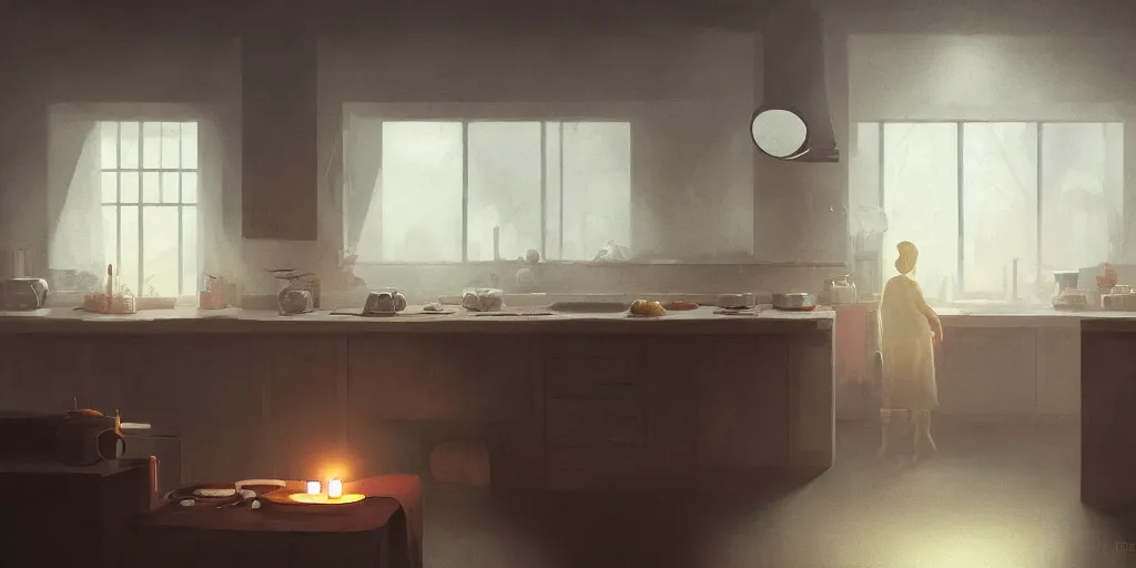 Image similar to minimalistic kitchen dim lit by a candle ripped physique simon stalenhag gerald brom bastien grivet by greg rutkowski, fisheye camera