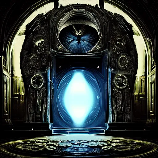 Image similar to majestic portal to another dimension, holly light and image of different time space, ethereal, sci fi, high detail, intricate, giger!, beautiful materials and reflections, photo realistic, 8 k