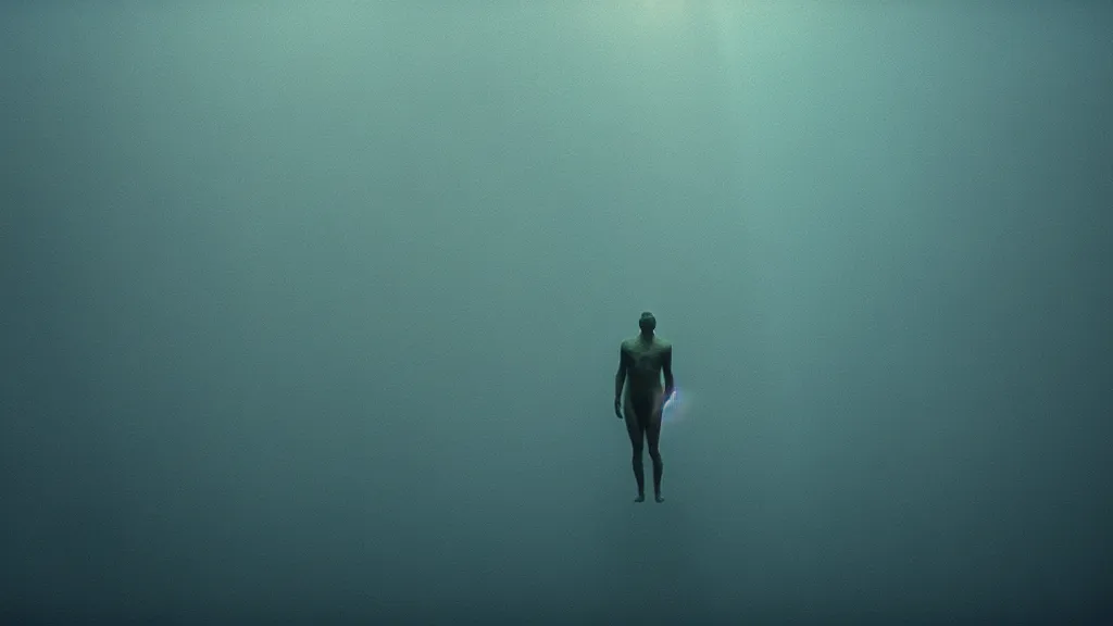 Prompt: the glowing human on the bottom of the ocean, film still from the movie directed by Denis Villeneuve with art direction by Zdzisław Beksiński, wide lens