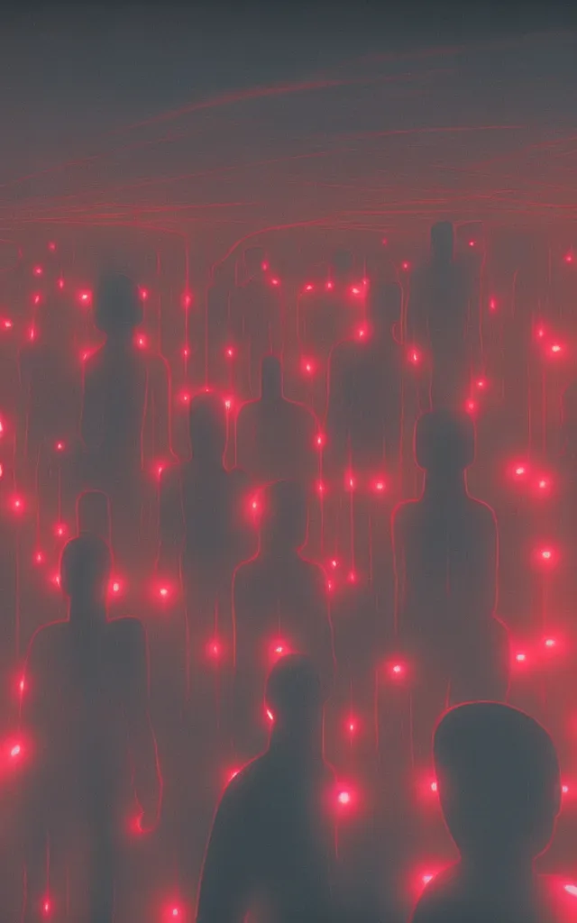 Prompt: a group of people with red lights instead of faces, in a dark room, an ultrafine detailed painting by victor mosquera, les automatistes, reimagined by industrial light and magic, redshift