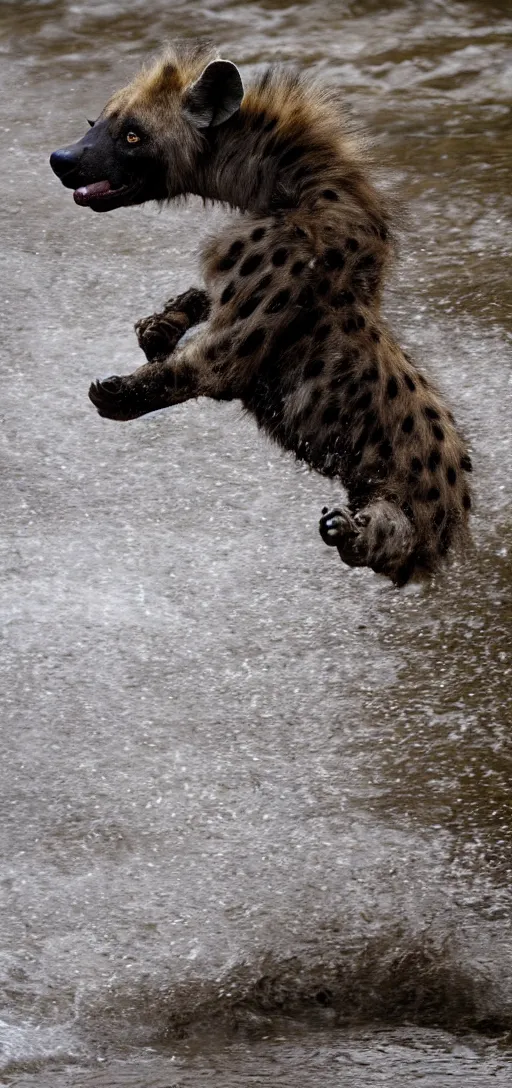 Prompt: a hyena jumping over a river