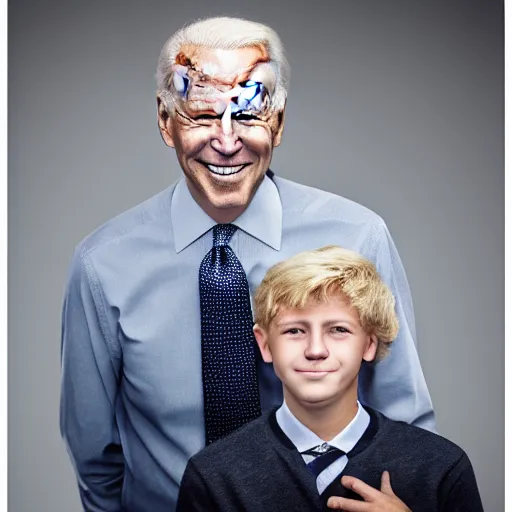 Image similar to A portrait photo of joe biden teams up with a teenage joe biden, perfect faces, 50 mm, award winning photography