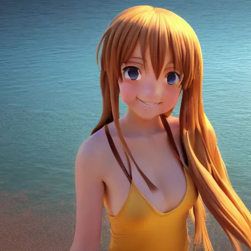 Image similar to Render of a very beautiful 3d anime girl, long hair, hazel eyes, cute freckles, short smile, cute sundress, golden hour, serene beach setting, medium shot, mid-shot, highly detailed, trending on Artstation, Unreal Engine 4k