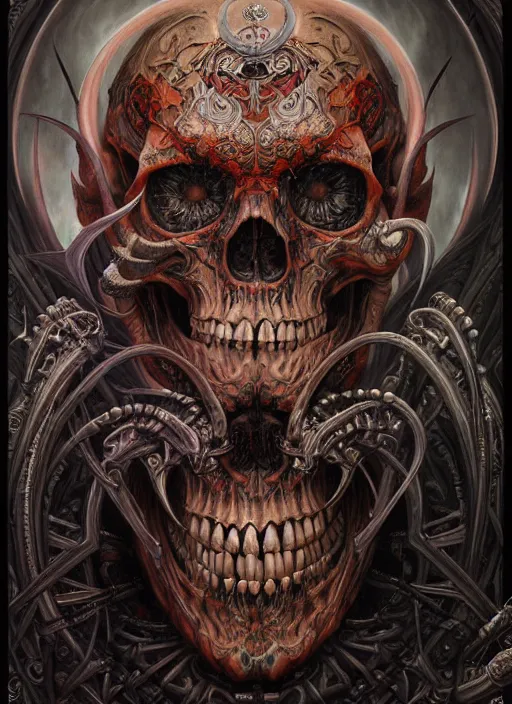 Image similar to hyper detailed masterpiece demon skull evil tattoo warrior by donato giancola and tom bagshaw, face by artgerm and edmund leighton, and h. r. giger, trending on artstation, colorful, psychedelic aesthetic, ornate, background by james jean, 8 k, biomechanical, majestic, volumetric lighting, porcelain skin, concept art, sharp focus