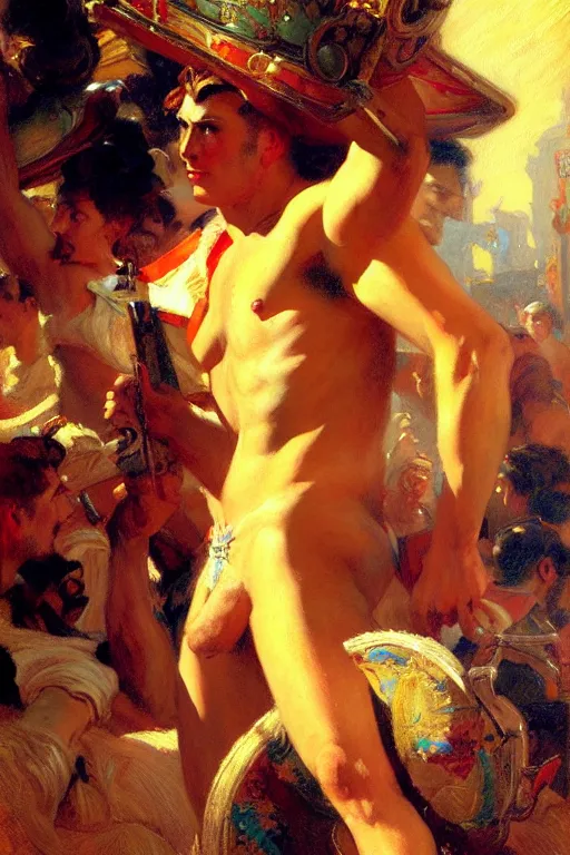 Image similar to festival, attractive male, character design, dynamic lighting, cool and bright tint, painting by gaston bussiere, craig mullins, j. c. leyendecker, tom of finland