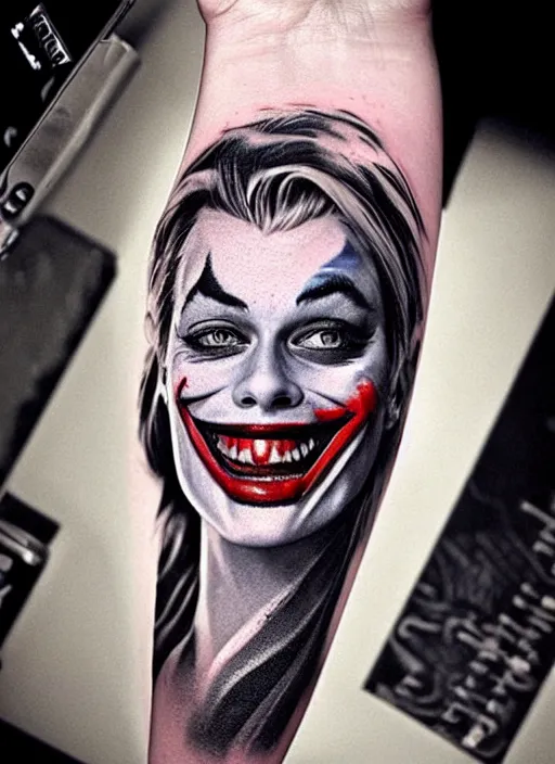 Image similar to tattoo design of margot robbie with joker makeup, ace card, in the style of rob richardson, realistic face, black and white, realism tattoo, hyper realistic, highly detailed