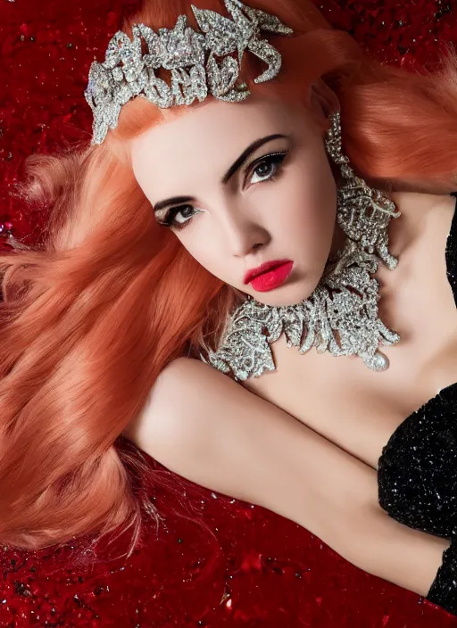 Image similar to ava max bright red hair lying on the floor surrounded by diamonds, canon, highly realistic. high resolution. highly detailed. dramatic. 8 k. 4 k.