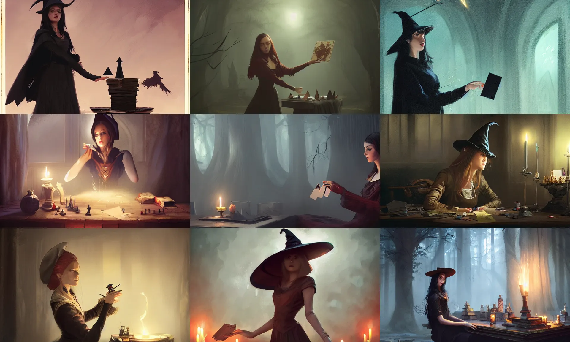 Prompt: witch doing a card trick, cardistry, cards, fantasy, digital art, soft lighting, wide shot, 8 k, fantasy concept art by greg rutkowski