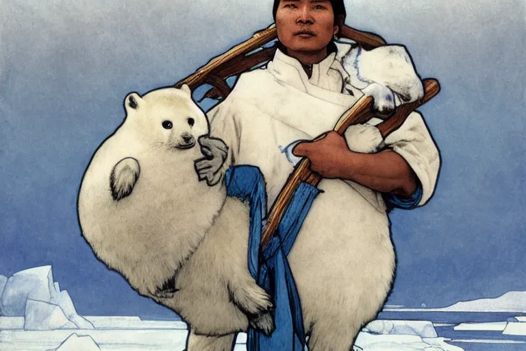 Prompt: a Inuit hauling a baby harp seal in a net, gray and blue and white colors, water color, art by artgerm and greg rutkowski and alphonse mucha and jin xiaodi and anthony devine