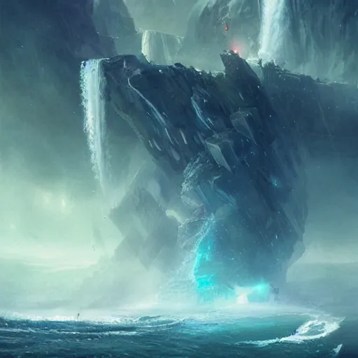 Prompt: A ship falling off the infinitely wide waterfalls at the edge of the world, fantasy art by Greg Rutkowski
