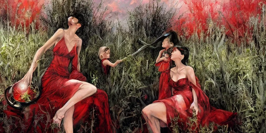 Prompt: a painting, style of lois royo, gerald brom, michael whelan, mother and her very young daughter, in long dresses, fully clothed, with clothes on, smoking a bowl of hash together, from a huge red glass bong, sitting in a field of cannabis