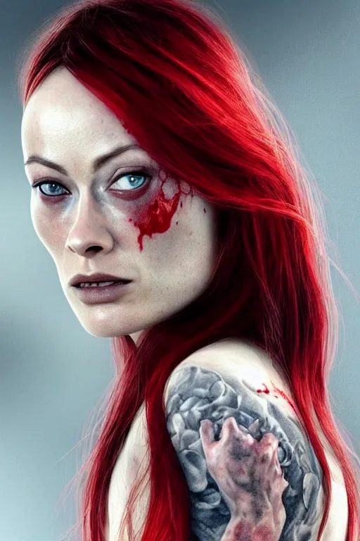 Prompt: pale woman covered with blood, olivia wilde face!!!, red hair, skeleton tattoo!, close up portrait, highly detailed face, ultra realistic, concept art, intricate details, 4 5 mm. photorealistic, octane render, 8 k, unreal engine. film still, heavy grain, 3 5 mm, art by artgerm and greg rutkowski and alphonse mucha