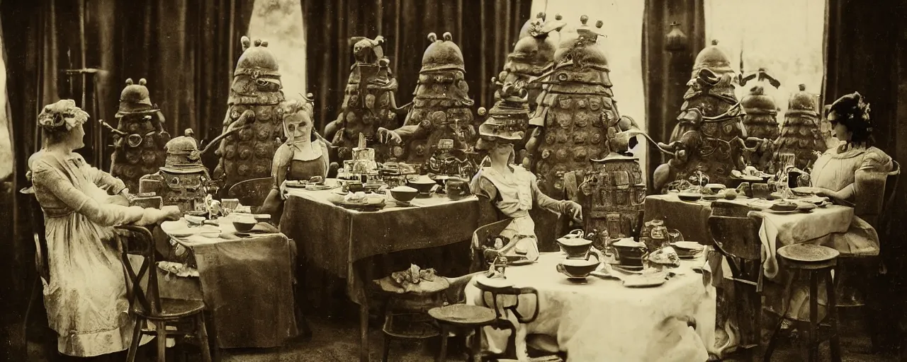 Prompt: A Victorian sepia photo of a Dalek tea party.