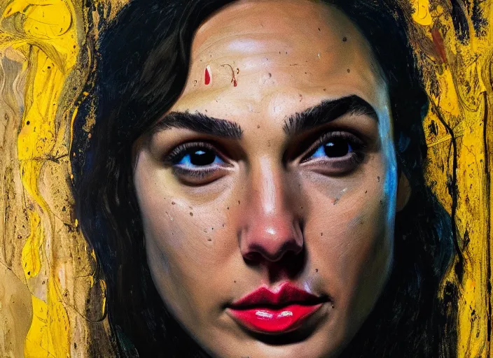 Prompt: portrait of gal gadot crying, by vincent lefevre and hernan bas and pat steir and hilma af klint, psychological, photorealistic, dripping paint, washy brush, rendered in octane, altermodern, masterpiece