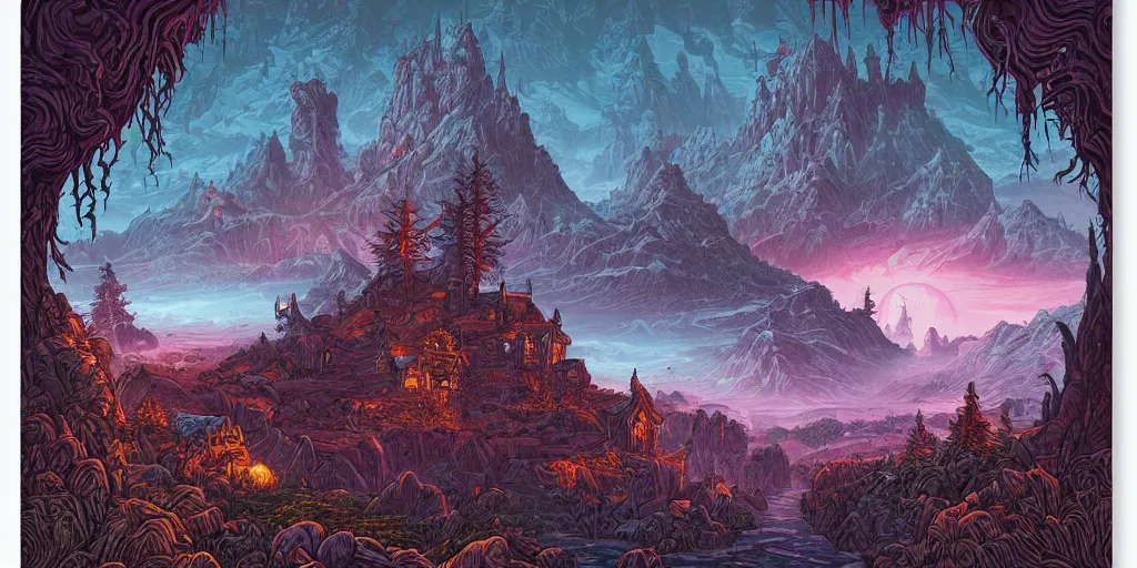 Image similar to a fantasy landscape by Dan Mumford