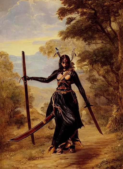 Image similar to woman in dark princess dragon armor, she is holding a katana sword, walking on the mystical ancient ruins. by william henry hunt