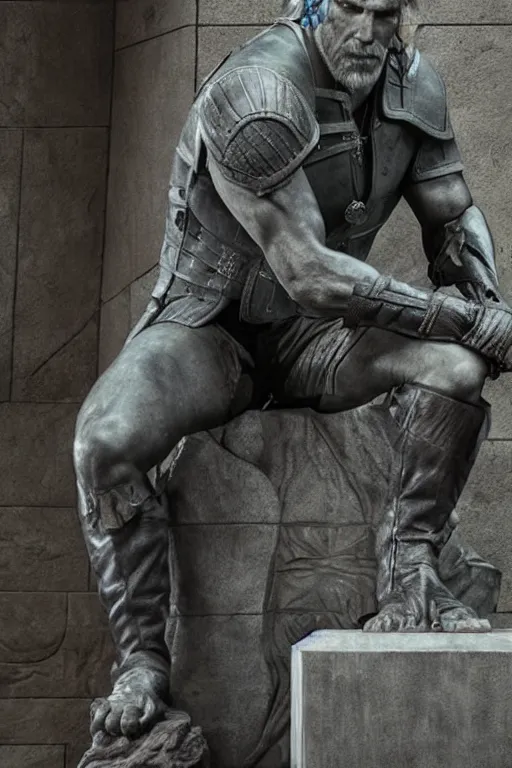 Image similar to geralt from the witcher as rodin's the thinker, museum photo