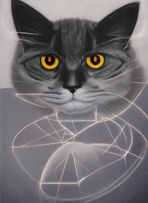 Image similar to futuristic laser beams tracing, laser cat, selkirk rex longhair, by steven meisel, kaws, rolf armstrong, mondrian, kandinsky, perfect geometry abstract acrylic, octane hyperrealism photorealistic airbrush collage painting, dark monochrome, fluorescent colors, minimalist rule of thirds, eighties eros