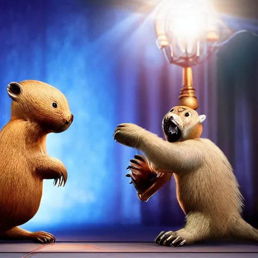 Prompt: “ ken lay enron fighting with a gruesome beaver, cinematic lighting, highly detailed ”
