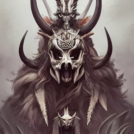 Prompt: gigantic goddess of wildlife in misty mountains in unknown animal skull mask with thousands of horns. highly detailed concept art. strong composition. dynamic angle. low point of view