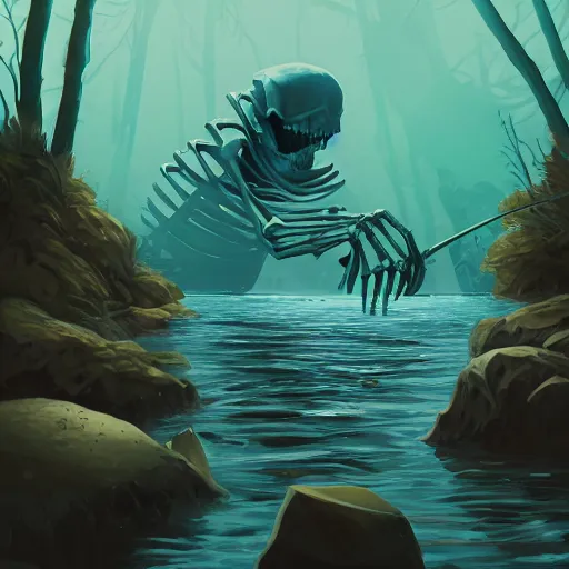 Prompt: a skeleton giant sinking into the water. by alex konstad