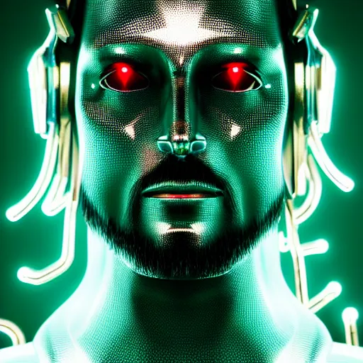 Image similar to chrome jesus, glossy, metallic, neon, symmetrical, tribal patterns, realistic, unreal engine, octane, redshift, artstation, behance