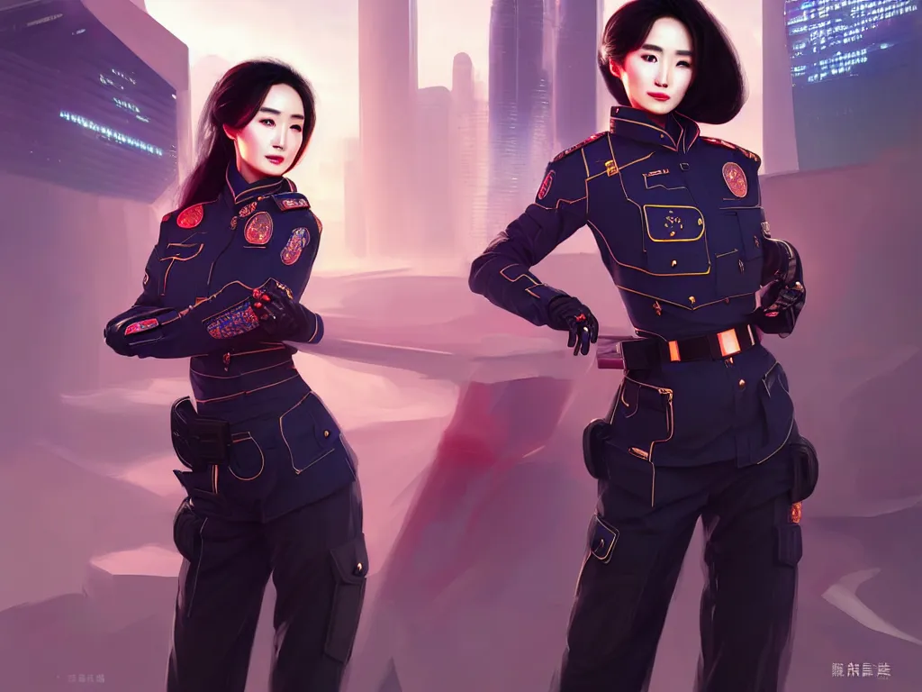 Prompt: portrait futuristic china police uniform female yang mi, at future neon light rooftop, ssci - fi and fantasy, intricate and very very beautiful and elegant, highly detailed, digital painting, artstation, concept art, smooth and sharp focus, illustration, art by tan zi and ayanamikodon and alphonse mucha and wlop