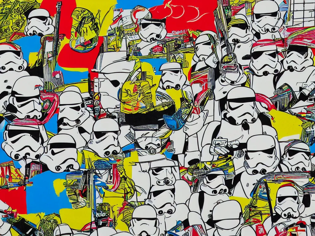 Image similar to detailed close - up image of the japanese home with a garden, stormtroopers in hot springs, pop - art style, jacky tsai style, andy warhol style, roy lichtenstein style, rich palette, acrylic on canvas