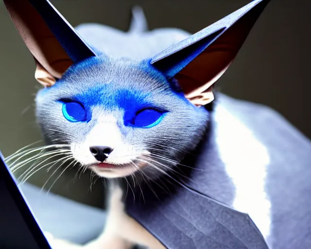 Image similar to a blue - and - black male blue / green heterochromatic catbat fursona with blue / green heterochromatic eyes ( one eye green ) and huge bat ears, photo of the catbat streaming on his computer