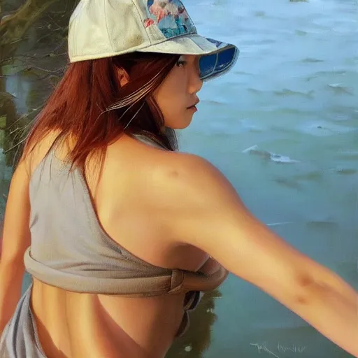 Image similar to oil painting by ilya kuvshinov,, baugh casey, artgerm craig mullins, coby whitmore, of a youthful japanese girl, long hair, fishing and wearing fisherman's outfit, fisherman's hat, highly detailed, breathtaking face, studio photography, noon, intense bounced light, water reflection, large tree casting shadow, serine intense sunlight