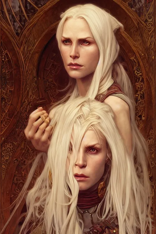 Image similar to portrait of an old blonde elven mage, dark, piercing eyes, gentle expression, elegant clothing, photorealistic, highly detailed, artstation, smooth, sharp focus, art by michael whelan, artgerm, greg rutkowski and alphonse mucha