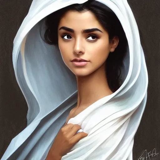 Prompt: modern tanned Ameera al-Taweel, blue eyes, wavy black hair, white veil, highly detailed, digital painting, artstation, concept art, smooth, sharp focus, illustration, ArtStation, art by artgerm and greg rutkowski and alphonse mucha and J. C. Leyendecker and Edmund Blair Leighton and Katsuhiro Otomo and Geof Darrow and Phil hale and Ashley wood and Ilya repin and Charlie Bowater