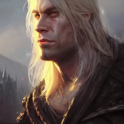 Image similar to closeup portrait drizzt do'urden, black, lavender eyes, dungeons and dragons character, castle background, gorgeous view, realistic, high detail, digital art, painted by greg rutkowski, painted by jeremy mann, trending on artstation