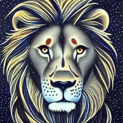 Image similar to a lion made out of stars, shiny eyes, beautiful, centered, artistic painting, detailed, realistic,