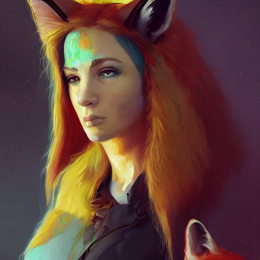 Image similar to midjourney :: a painting of a woman with a fox on her head, cyberpunk art by Sam Spratt, featured on Artstation, furry art, darksynth, artstation hd, 2d game art