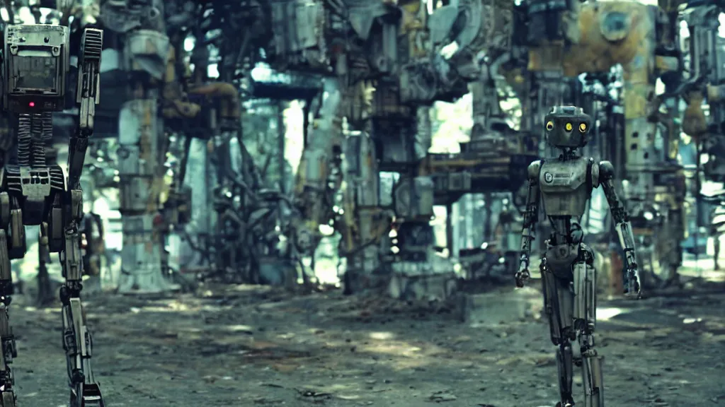 Prompt: film still from the movie chappie of the robot chappie shiny metal outdoor park scene bokeh depth of field furry anthro anthropomorphic stylized cat ears head android service droid robot machine fursona