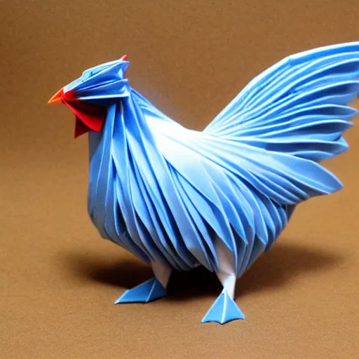 Image similar to beautiful, glorious porcelain origami chicken emperor, blue and silver colors, 3 d rtx hd