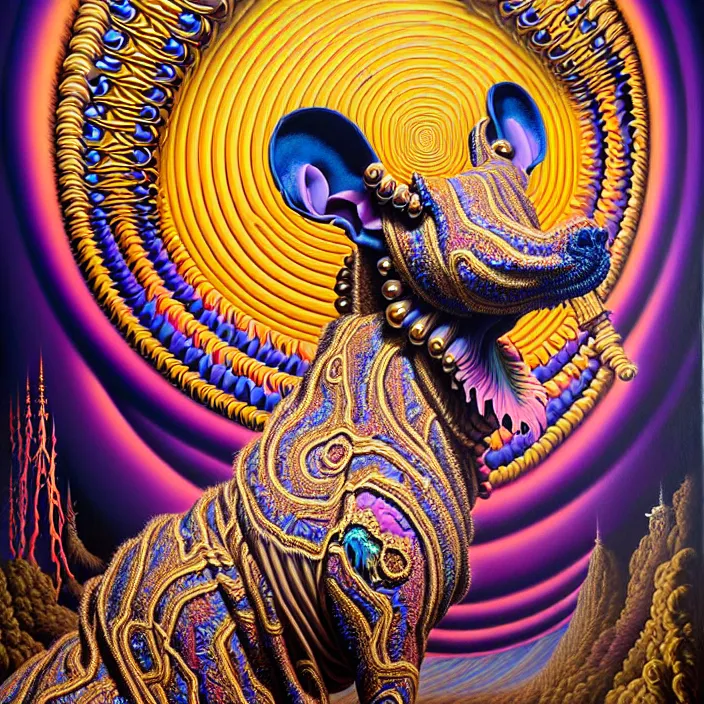 Image similar to beautiful oil painting, full length portrait of zulu dauphinois in baroque coronation robes 1701, Dan Mumford, Dan Mumford, Alex grey, hyacinthe rigaurd, highly detailed , lsd visuals, dmt fractal patterns, visionary art, psychedelic art, ornate, vaporwave, baroque, Greg rutkowski