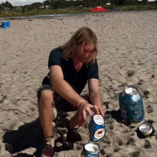 Image similar to thor smashing beer cans on an alien beach