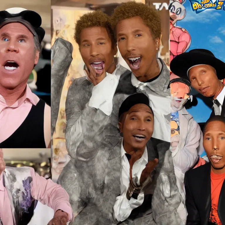 Image similar to Will Ferrell and Pharrell Williams doing the fusion dance from the TV show Dragon Ball Z and creating a double-headed creature Will Williams whose face is based on both Will Ferrell and Pharrell Williams